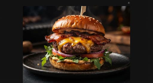 Hambúrguer artesanal de bacon com cheddar derretendo e fumaça, sobre prato escuro