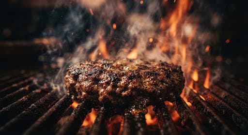 Hambúrguer grelhando na brasa, chamas e fumaça