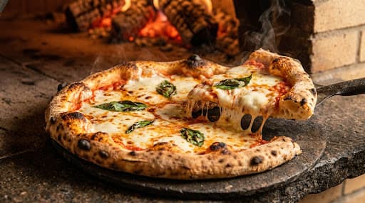 Pizza margherita saindo do forno a lenha, mussarela borbulhando e manjericão